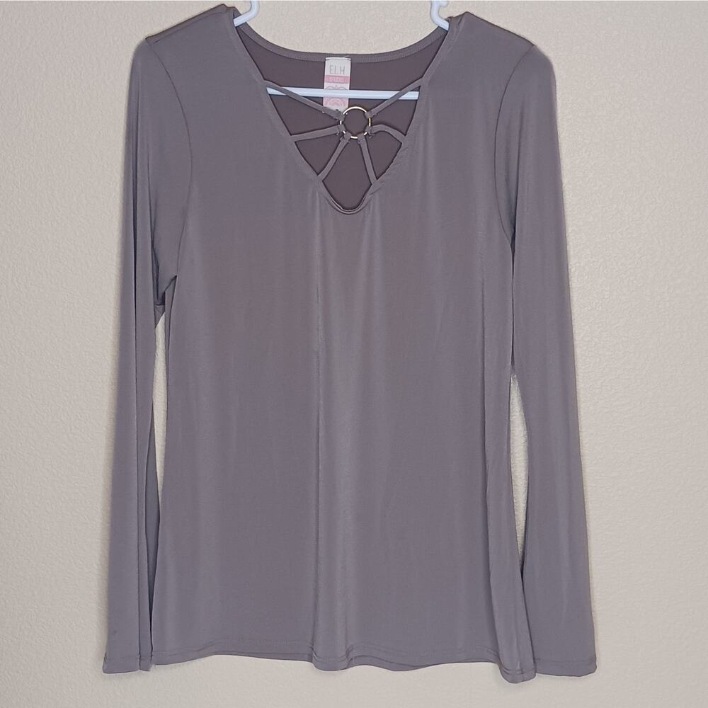 E.L.H. Studio‎ Long Sleeve V Neck Pullover Stretch Knit Top Womens Medium Brown